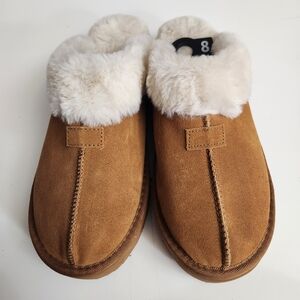 Joyspun Women Cozy Tan Suede Clog with Faux Fur Lining Sz. 8